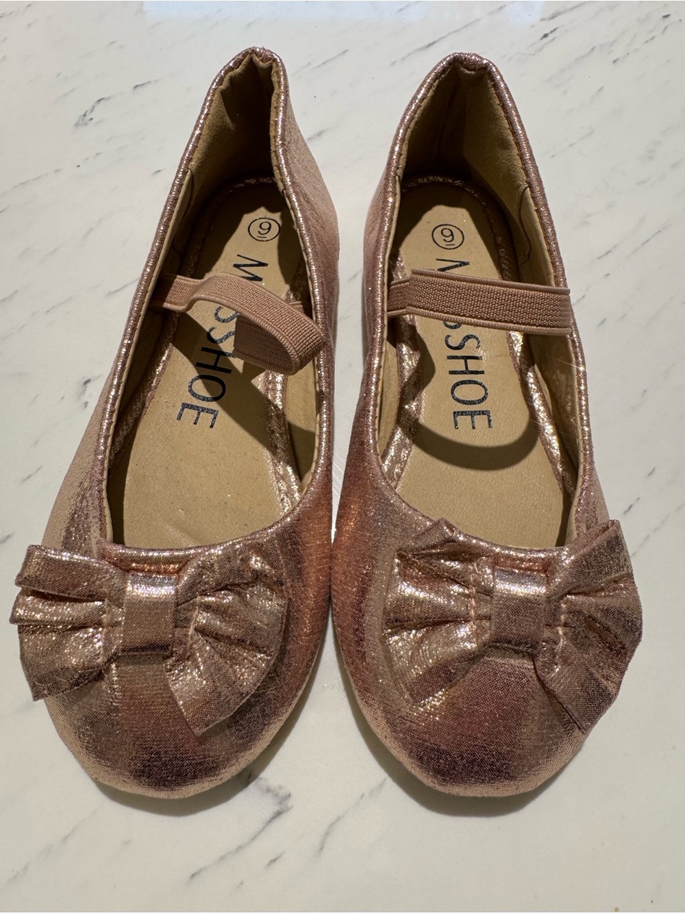 Girls Shimmery Rose Gold Ballet Flats with Bow